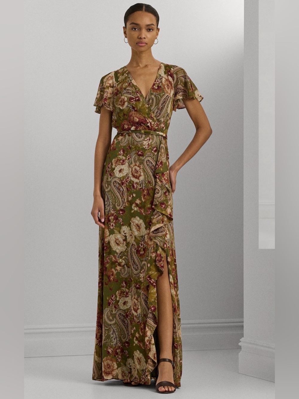 Ralph Lauren Black Label Olive & Floral Wrap Maxi Dress